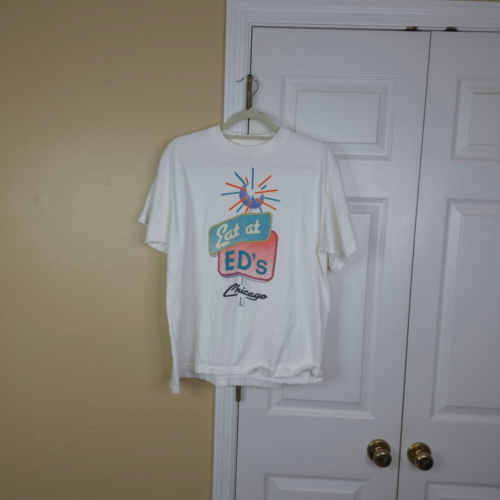 Vintage Eat At Ed's Chicago T-Shirt Single Stitch Diner White 80s 90s Size L